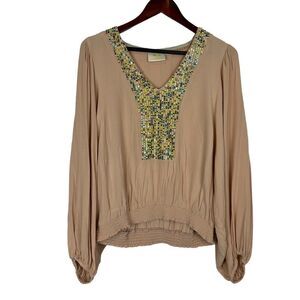 Anthropologie Maeve Kristie V-Neck Long Sleeve Sequin Peasant Blouse Size Medium